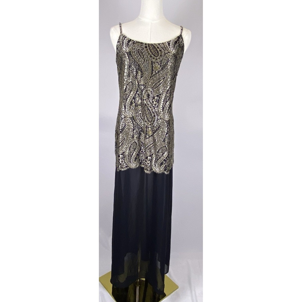 Ritmo di Perla Maxi Dress Womens Size 6 Black Gold Metallic Paisley Italian Glam